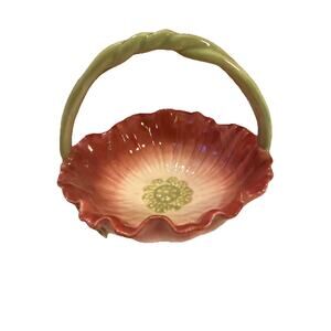 Preowned Glazed Fitz & Floyd Cranberry Red Light Green Ceramic Trinket Basket